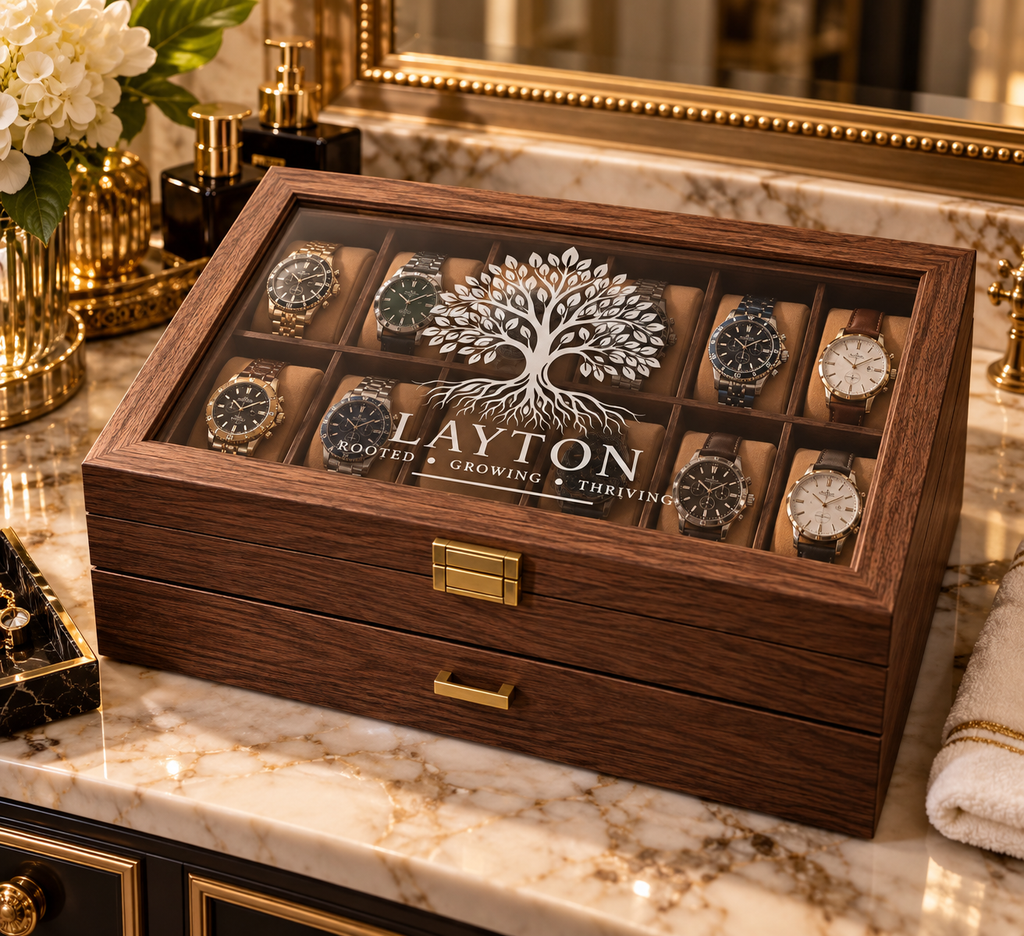 Personalized Watch & Jewelry Box for Men, Custom Engraved Style Watch Case with Glass Display Lid, Drawer & 10 Watch Slots