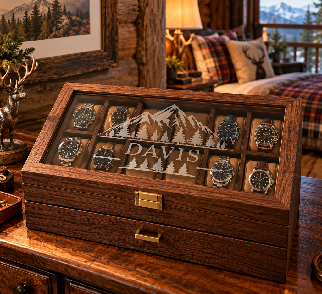 Personalized Watch & Jewelry Box for Men, Custom Engraved Style Watch Case with Glass Display Lid, Drawer & 10 Watch Slots