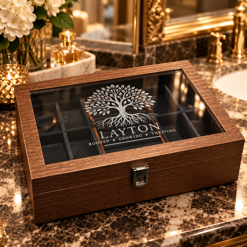 Personalized Watch & Jewelry Box for Men, Custom Engraved Glass Lid, Wooden Watch Organizer, Anniversary Birthday Father’s Day Gift