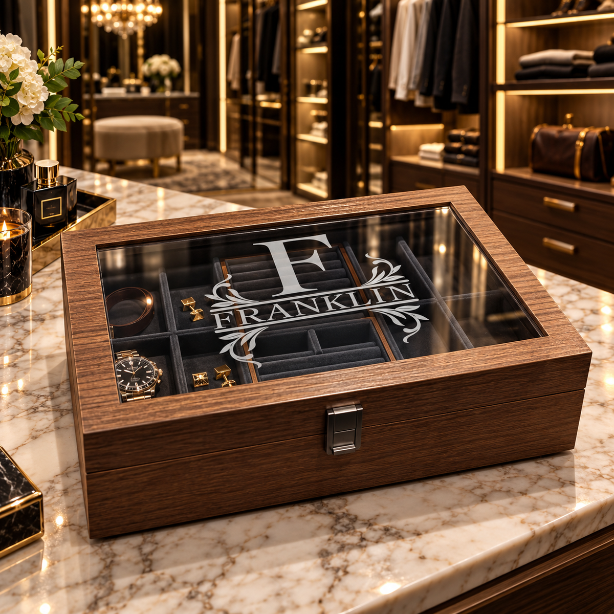 Personalized Watch & Jewelry Box for Men, Custom Engraved Glass Lid, Wooden Watch Organizer, Anniversary Birthday Father’s Day Gift