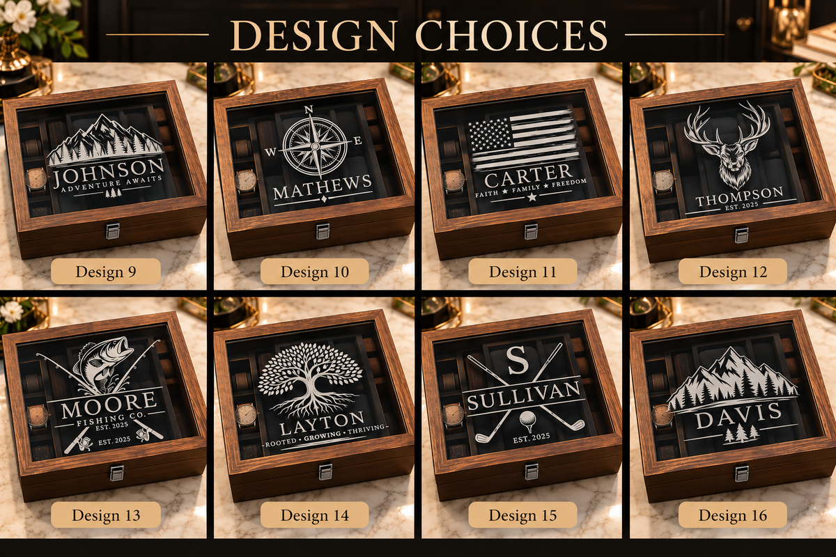 Personalized Watch & Jewelry Box for Men, Custom Engraved Glass Lid, Wooden Watch Organizer, Anniversary Birthday Father’s Day Gift