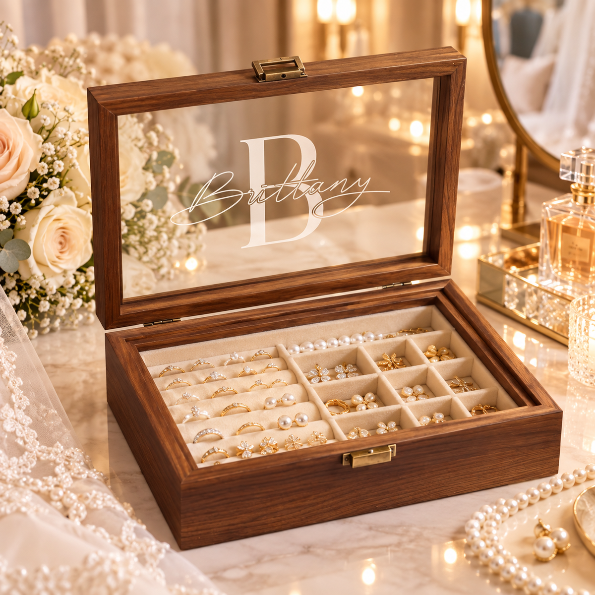 Personalized Wooden Jewelry Box with Glass Lid, Custom Name Engraved Jewelry Organizer, Ring Earring Necklace Storage Gift for Her