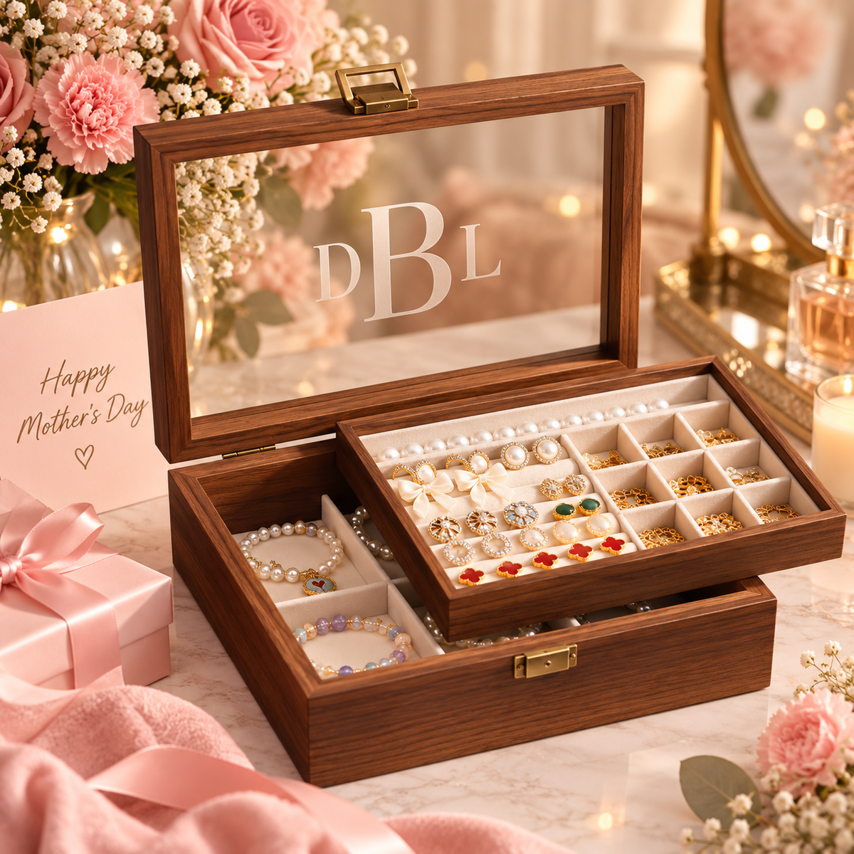 Personalized Wooden Jewelry Box with Glass Lid, Custom Name Engraved Jewelry Organizer, Ring Earring Necklace Storage Gift for Her