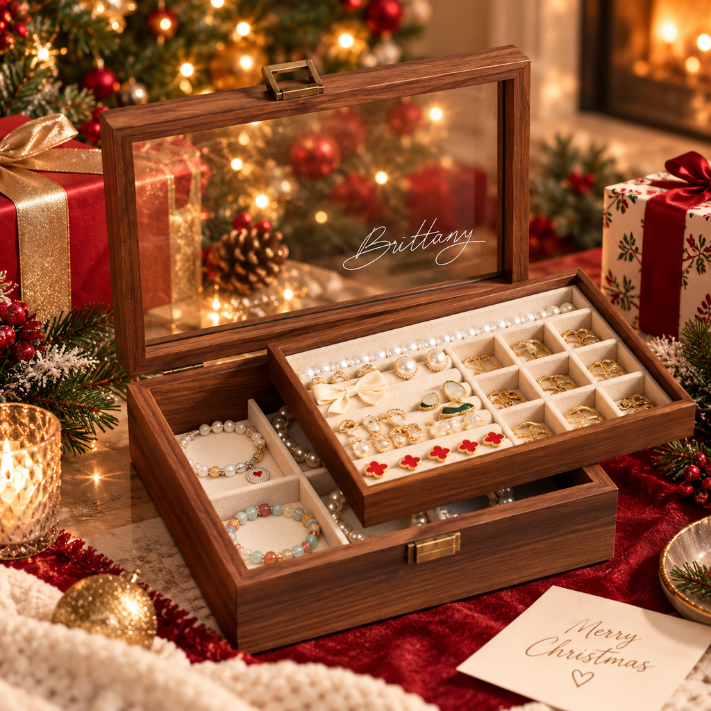 Personalized Wooden Jewelry Box with Glass Lid, Custom Name Engraved Jewelry Organizer, Ring Earring Necklace Storage Gift for Her