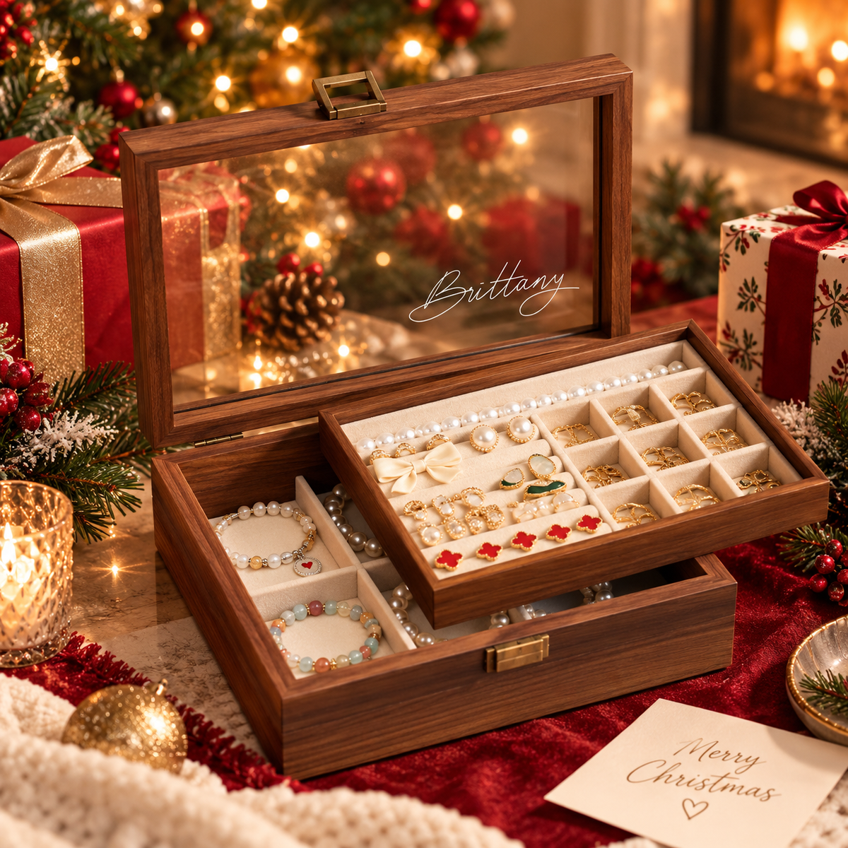 Personalized Wooden Jewelry Box with Glass Lid, Custom Name Engraved Jewelry Organizer, Ring Earring Necklace Storage Gift for Her