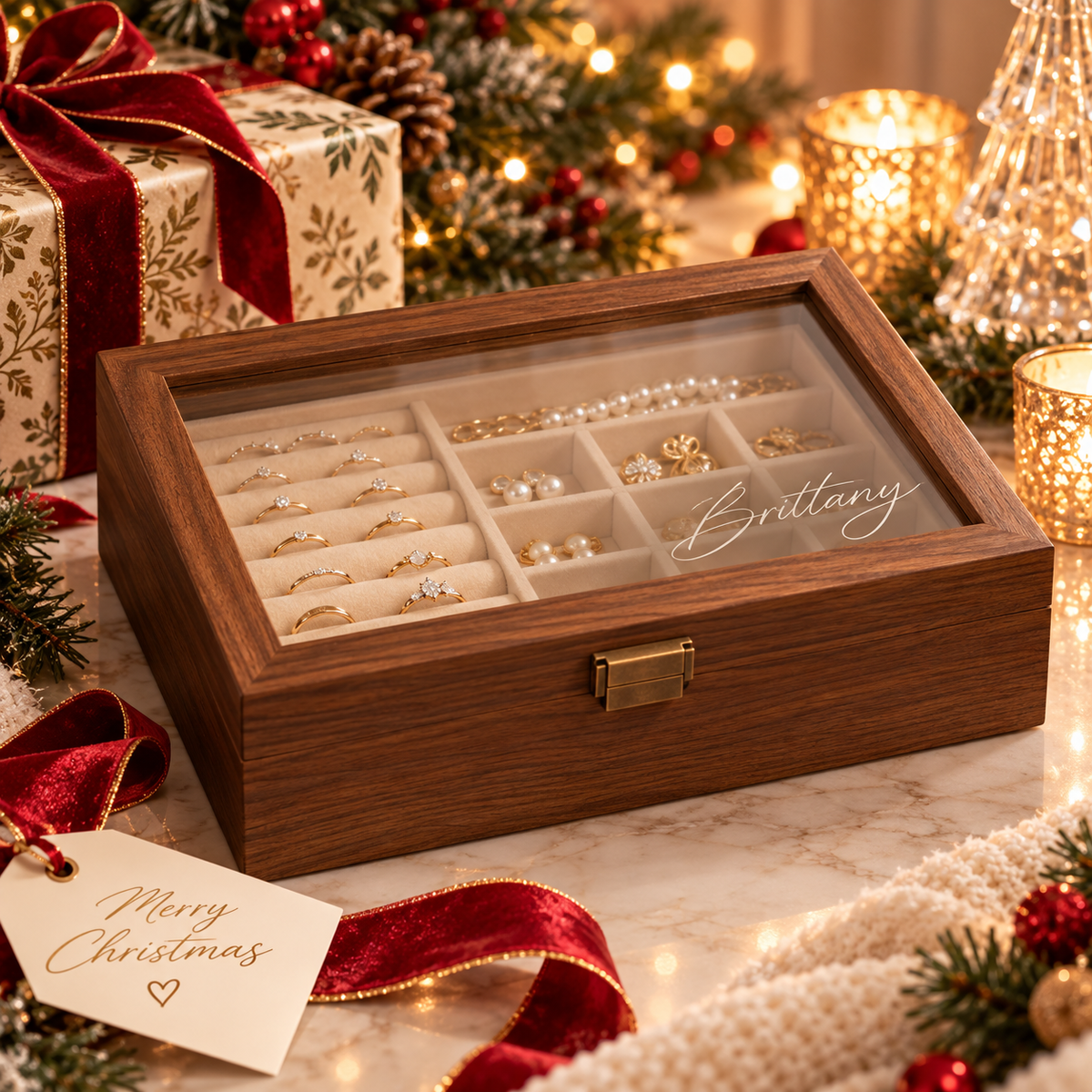 Personalized Wooden Jewelry Box with Glass Lid, Custom Name Engraved Jewelry Organizer, Ring Earring Necklace Storage Gift for Her
