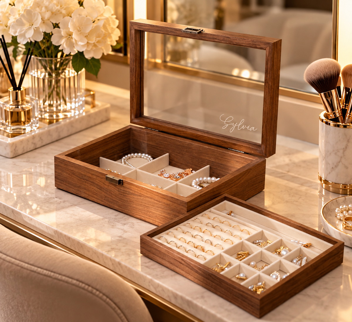 Personalized Wooden Jewelry Box with Glass Lid, Custom Name Engraved Jewelry Organizer, Ring Earring Necklace Storage Gift for Her
