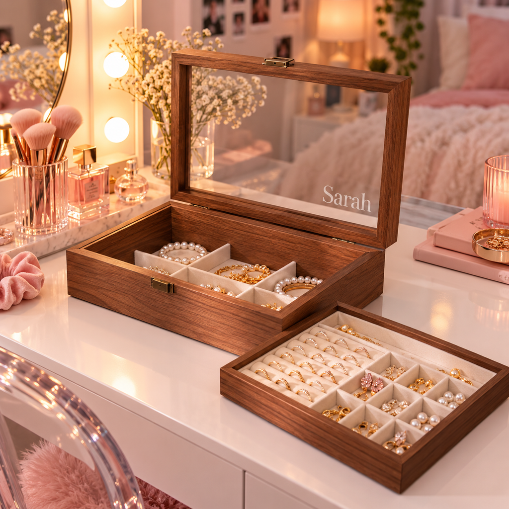 Personalized Wooden Jewelry Box with Glass Lid, Custom Name Engraved Jewelry Organizer, Ring Earring Necklace Storage Gift for Her