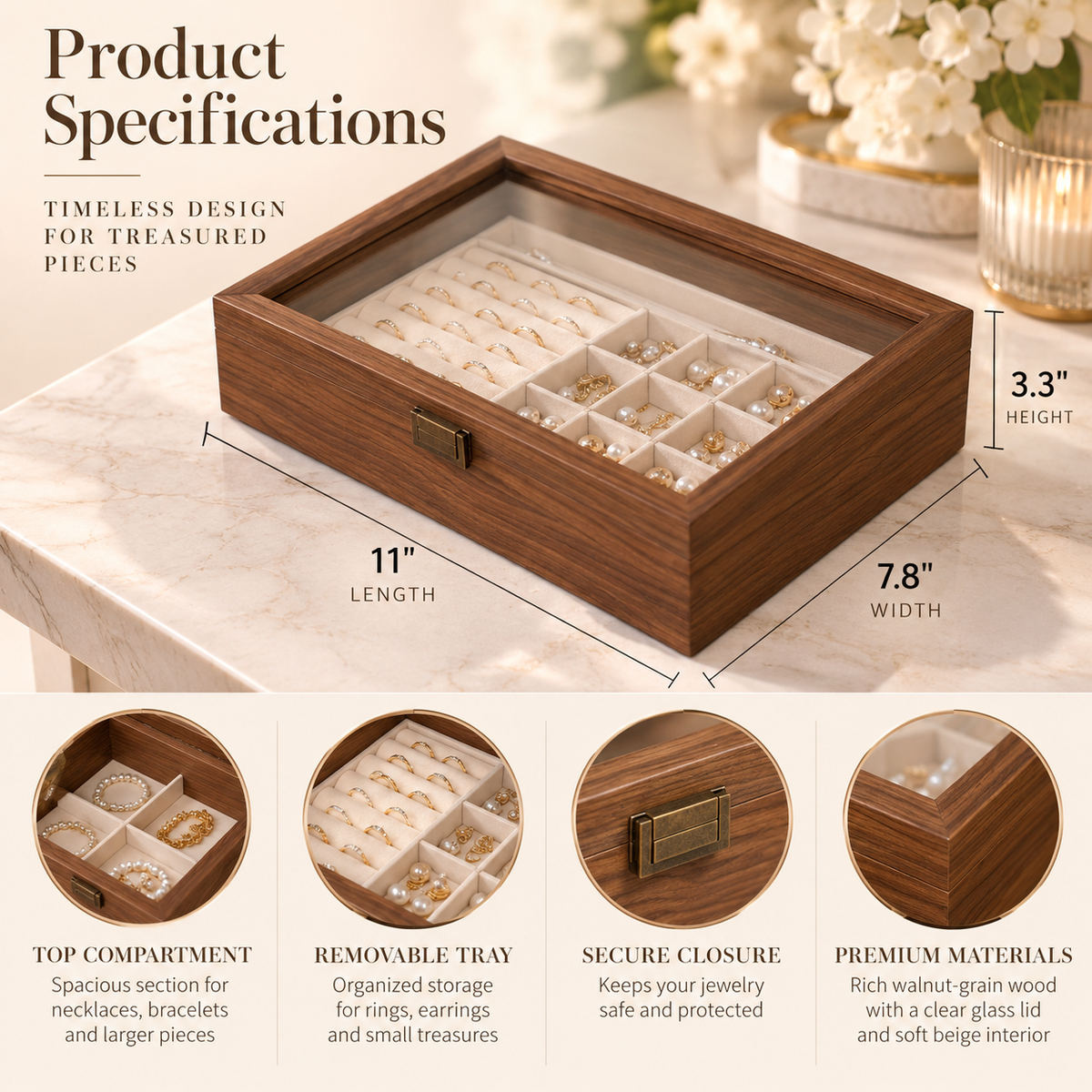 Personalized Wooden Jewelry Box with Glass Lid, Custom Name Engraved Jewelry Organizer, Ring Earring Necklace Storage Gift for Her