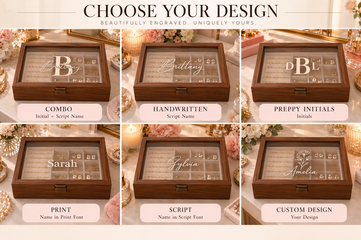 Personalized Wooden Jewelry Box with Glass Lid, Custom Name Engraved Jewelry Organizer, Ring Earring Necklace Storage Gift for Her