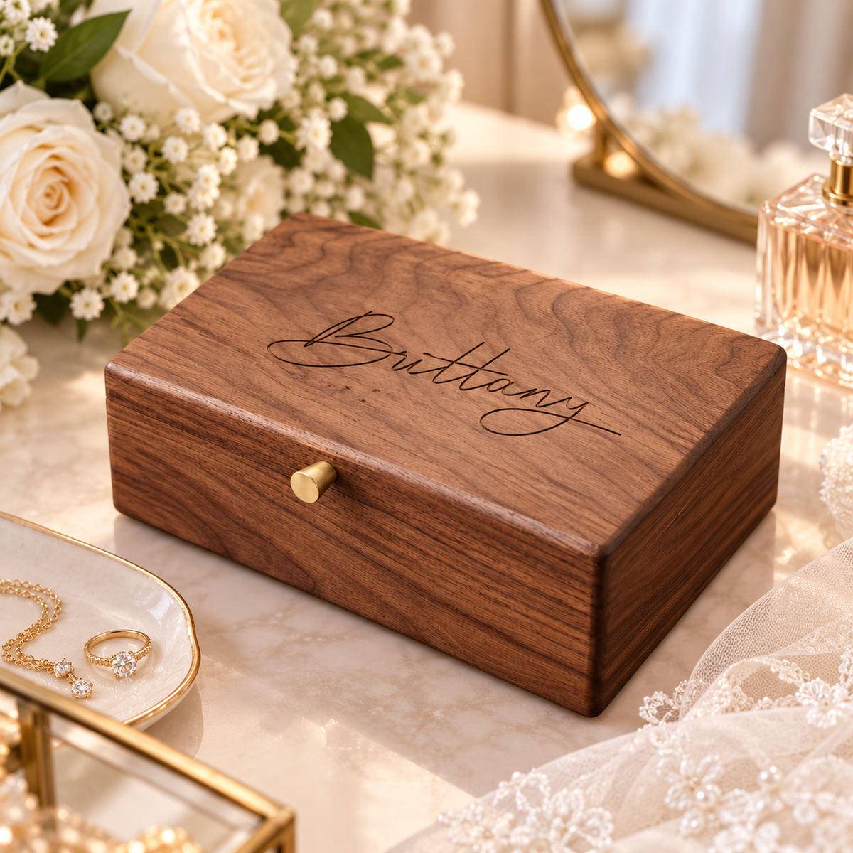 Personalized Walnut Jewelry Box for Women, Engraved Wooden Jewelry Organizer with Removable Tray, Custom Name Keepsake Gift