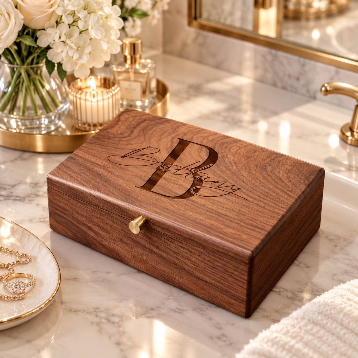 Personalized Walnut Jewelry Box for Women, Engraved Wooden Jewelry Organizer with Removable Tray, Custom Name Keepsake Gift