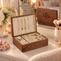 Personalized Walnut Jewelry Box for Women, Engraved Wooden Jewelry Organizer with Removable Tray, Custom Name Keepsake Gift