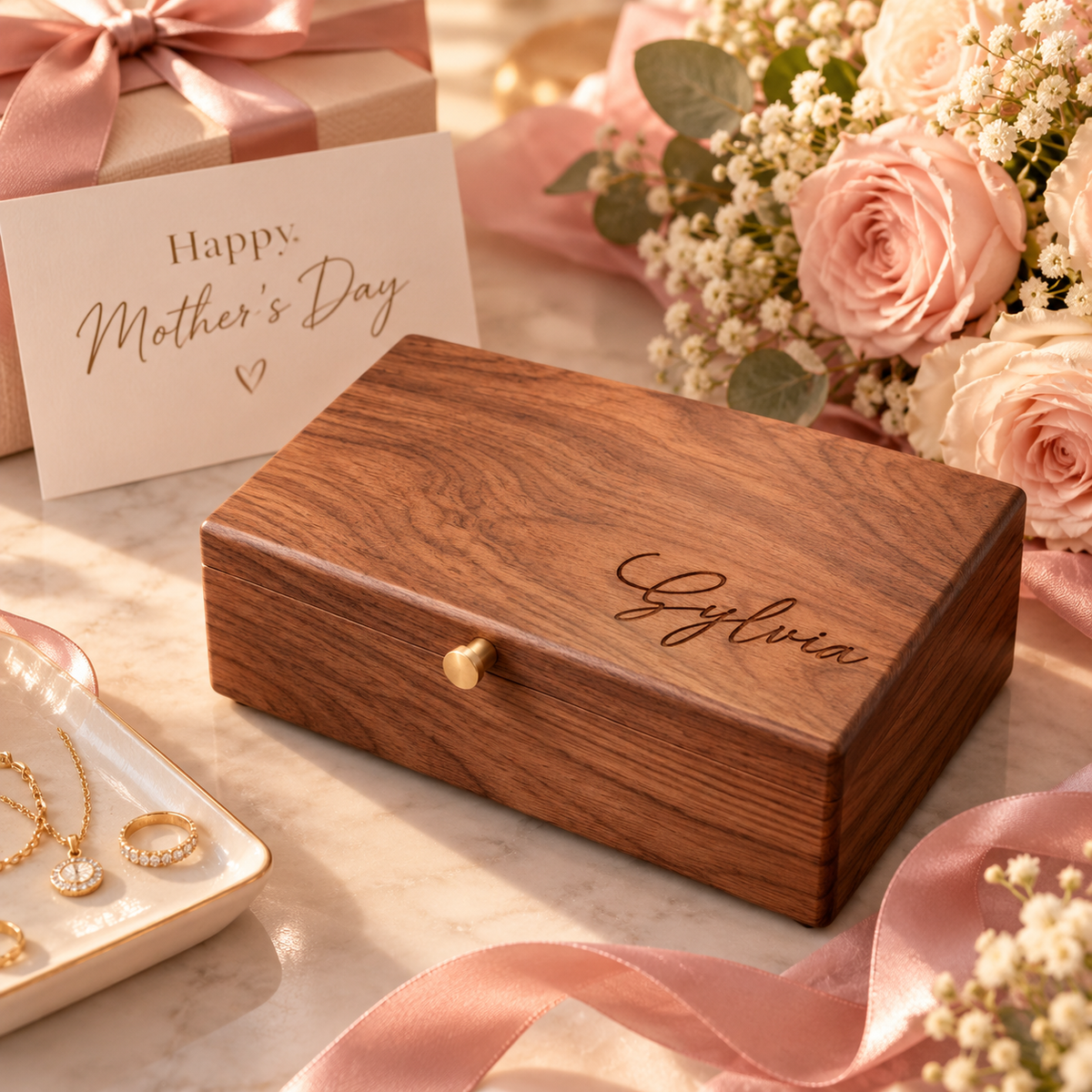Personalized Walnut Jewelry Box for Women, Engraved Wooden Jewelry Organizer with Removable Tray, Custom Name Keepsake Gift