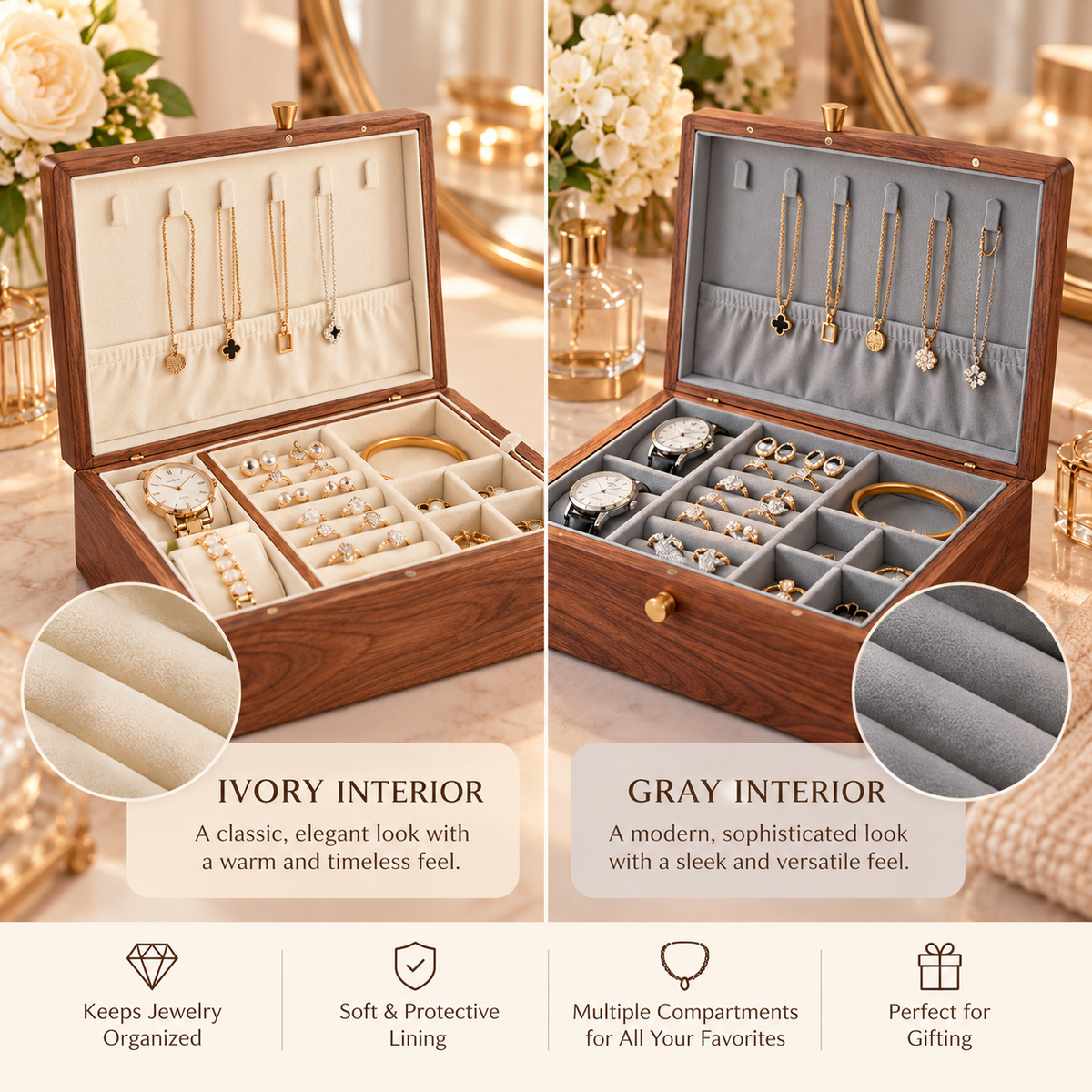 Personalized Walnut Jewelry Box for Women, Engraved Wooden Jewelry Organizer with Removable Tray, Custom Name Keepsake Gift