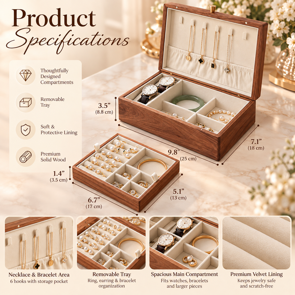 Personalized Walnut Jewelry Box for Women, Engraved Wooden Jewelry Organizer with Removable Tray, Custom Name Keepsake Gift