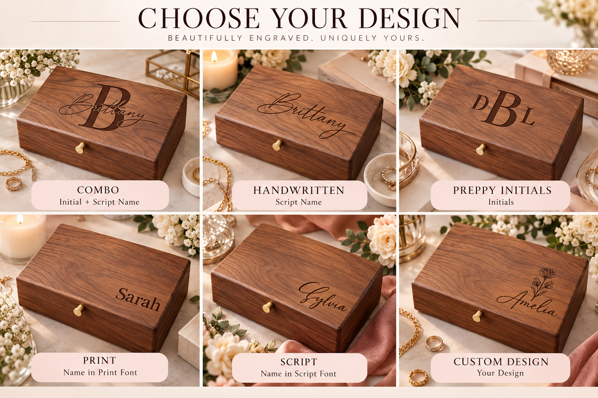 Personalized Walnut Jewelry Box for Women, Engraved Wooden Jewelry Organizer with Removable Tray, Custom Name Keepsake Gift
