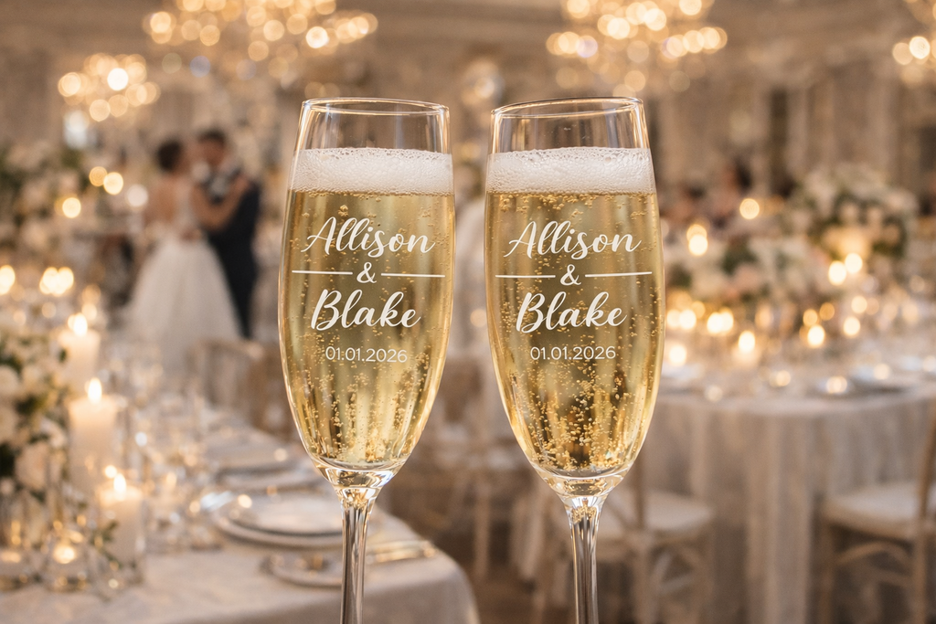 Personalized Wedding Champagne Glass Set, Engraved Couple Flutes with Custom Gift Box & Bag, Anniversary Bridal Shower Gift