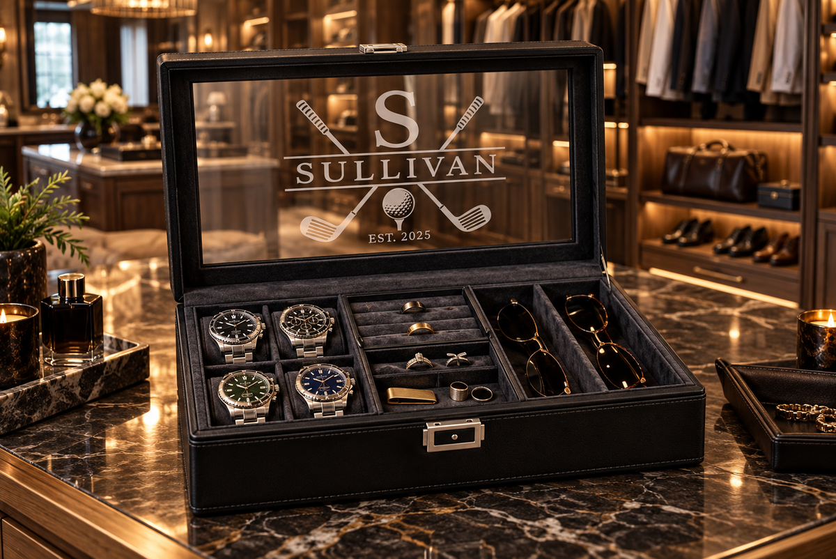 Personalized Leather Watch Jewelry Box for Men with Custom Name Monogram Engraving Gift for Him Husband Dad Anniversary Groomsmen