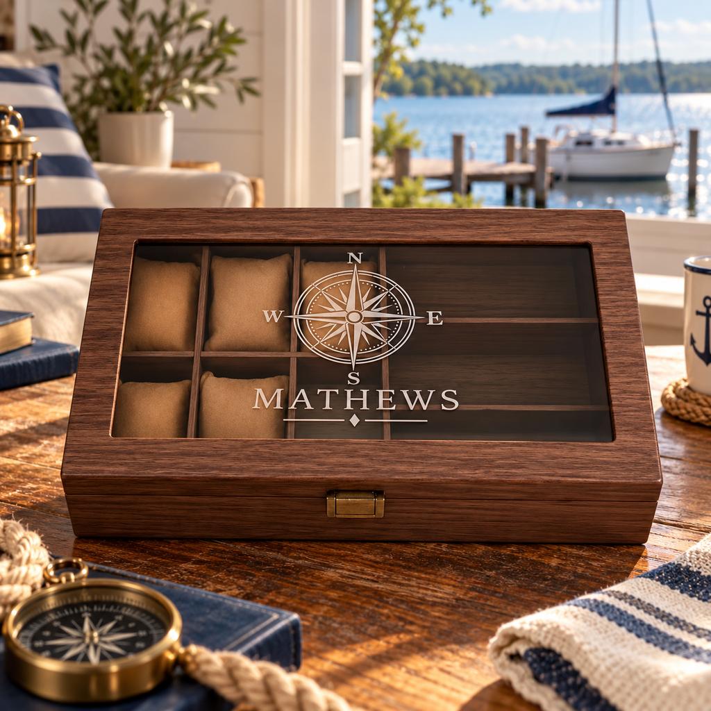 Personalized Leather Watch and Sunglass Box with Wood Pattern Finish for Men, Custom Engraved Name Gift for Him, Groomsman or Dad Gift