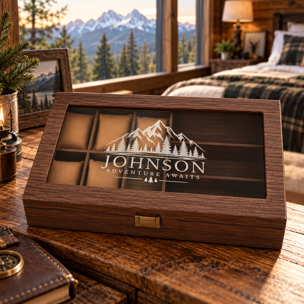 Personalized Leather Watch and Sunglass Box with Wood Pattern Finish for Men, Custom Engraved Name Gift for Him, Groomsman or Dad Gift