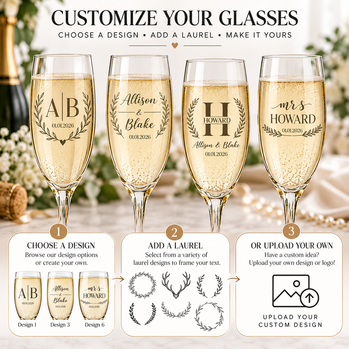 Personalized Wedding Champagne Glass Set, Engraved Couple Flutes with Custom Gift Box & Bag, Anniversary Bridal Shower Gift