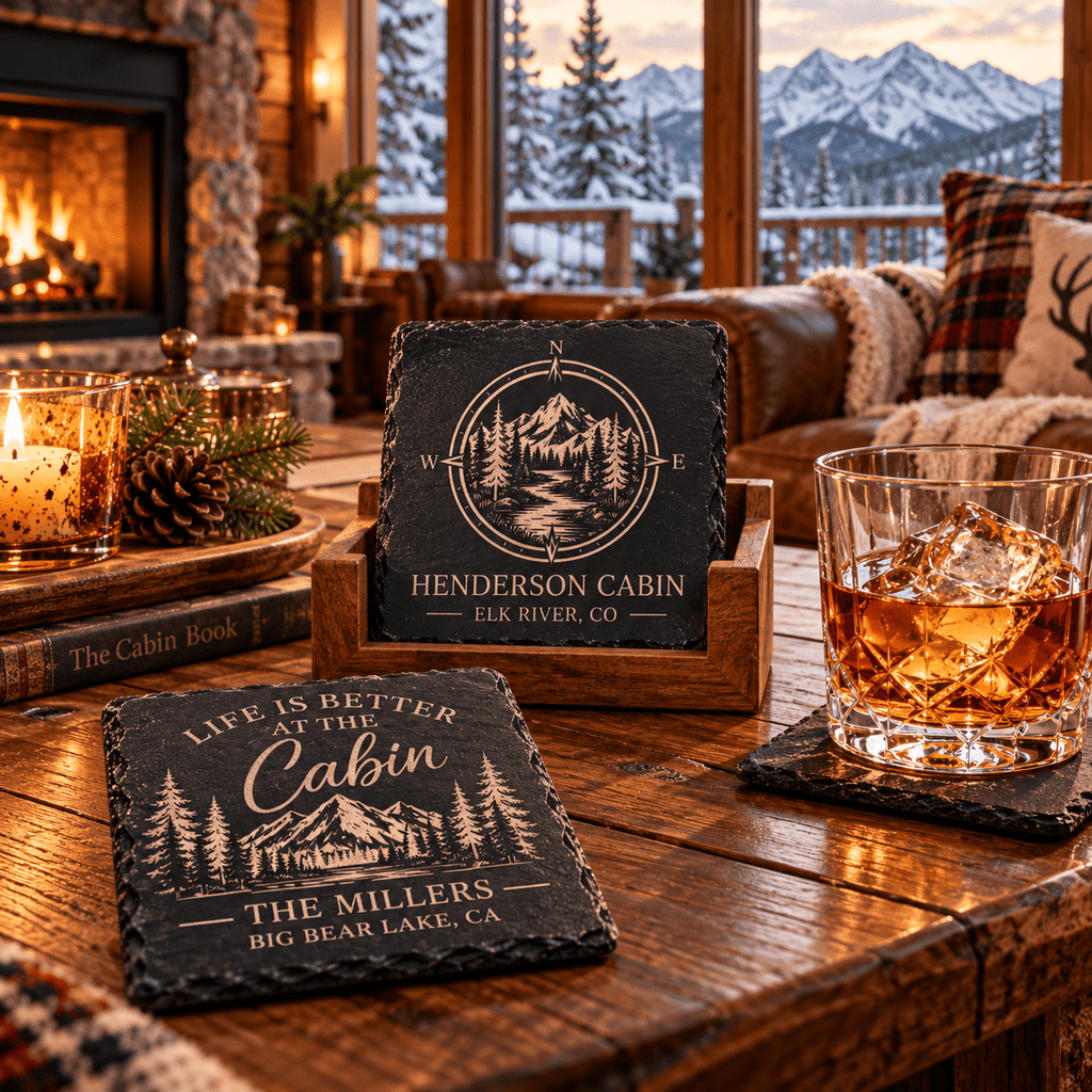 Personalized Slate Coaster Set with Wooden Holder, Custom Cabin & Lake House Coasters, Rustic Mountain Housewarming Gift Set of 6