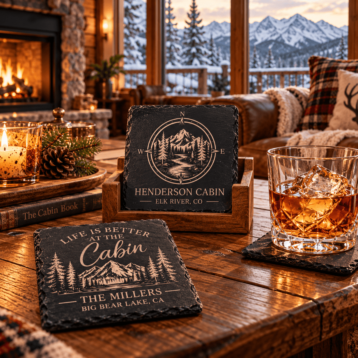 Personalized Slate Coaster Set with Wooden Holder, Custom Cabin & Lake House Coasters, Rustic Mountain Housewarming Gift Set of 6