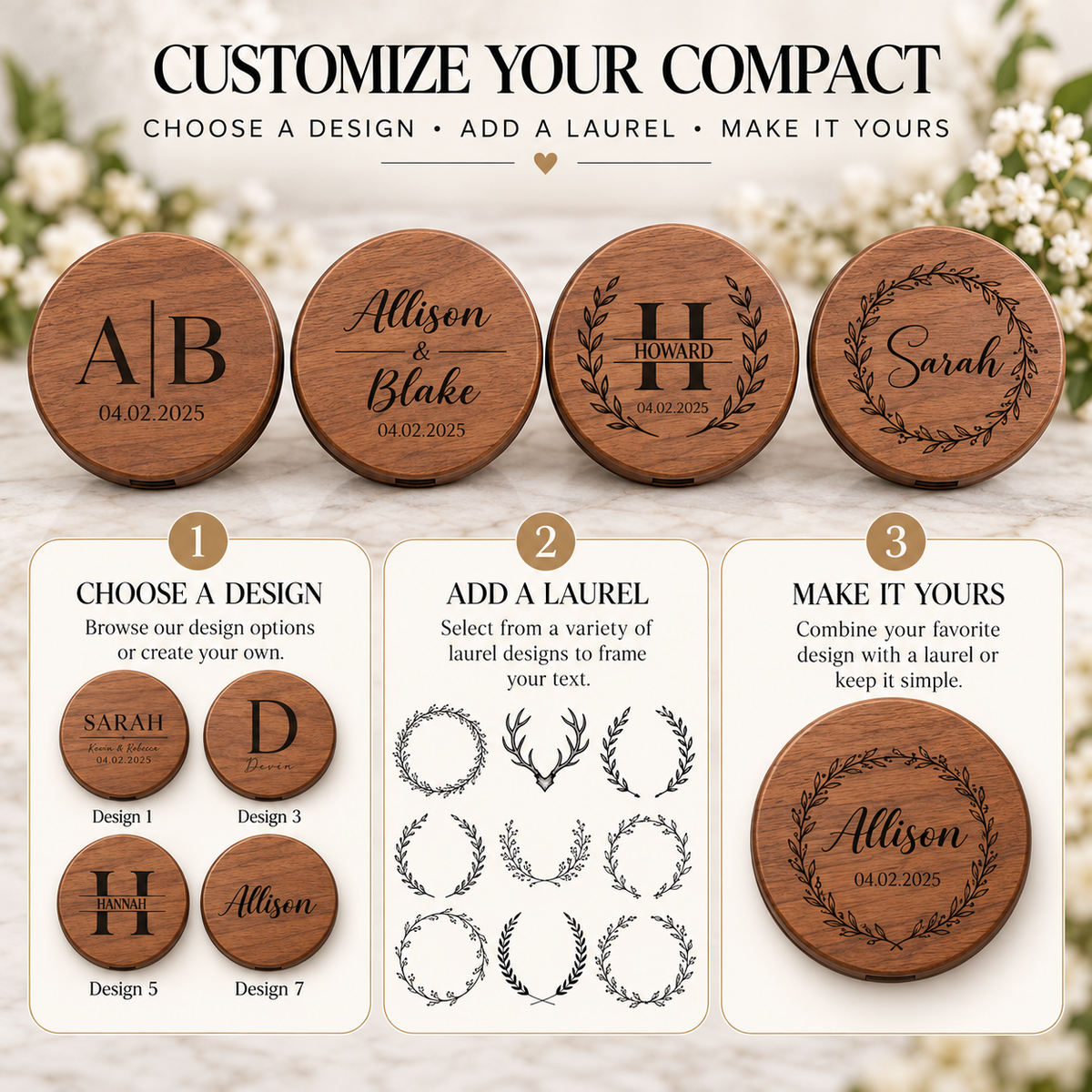Personalized Walnut Compact Mirror, Custom UV Printed Pocket Mirror, Bridesmaid Wedding Gift, Engraved Style Wood Makeup Mirror