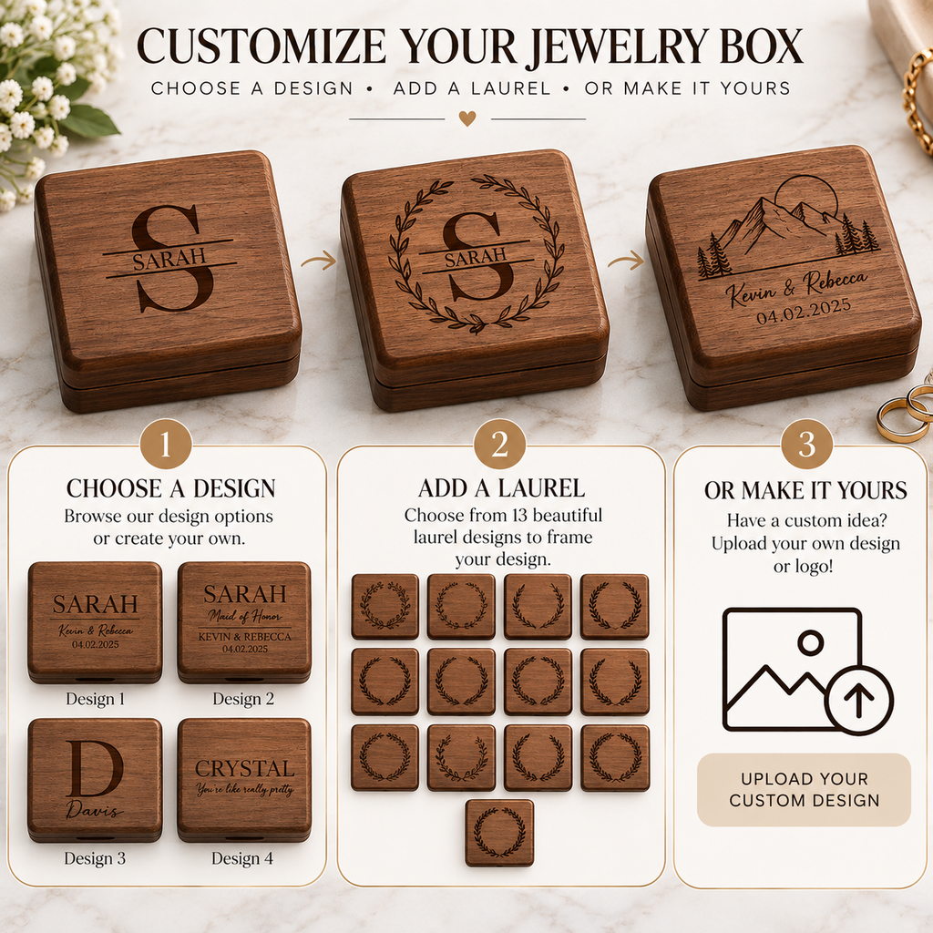 Custom Engraved Walnut Jewelry Box with Name or Initials – Personalized Wooden Gift for Bridesmaids, Birthdays, Weddings, or Holidays
