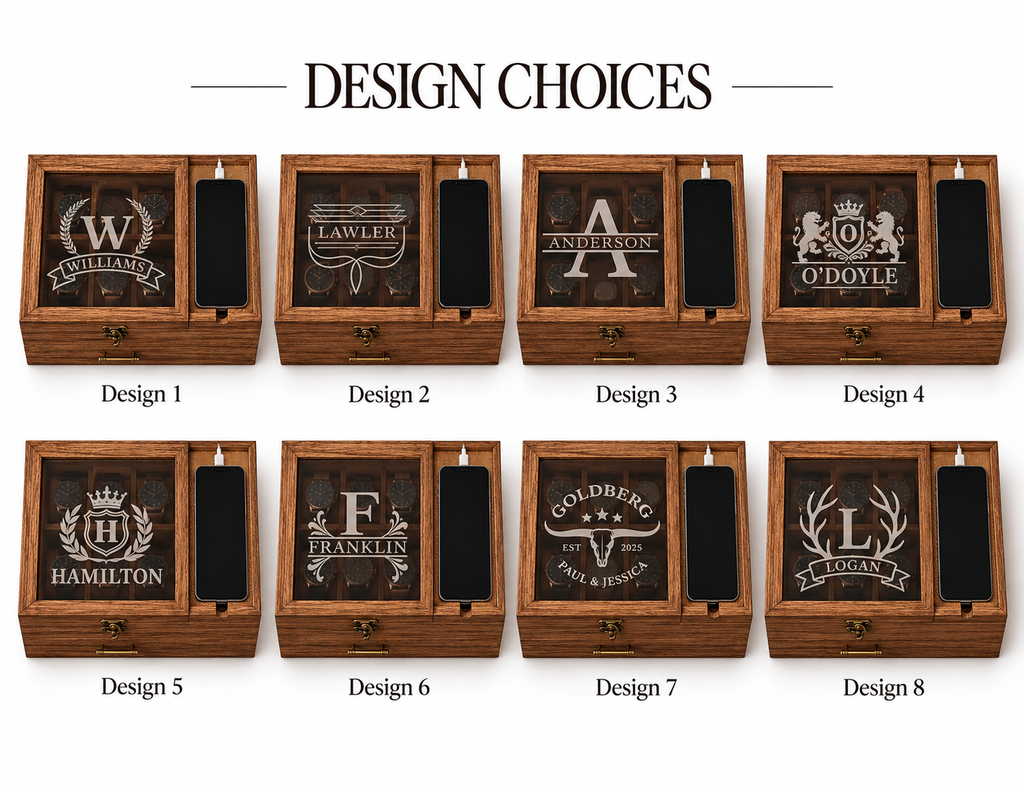 Personalized Watch Box & Valet Organizer with Phone Charging Station, Engraved Jewelry Storage Case, Custom Gift for Men & Women