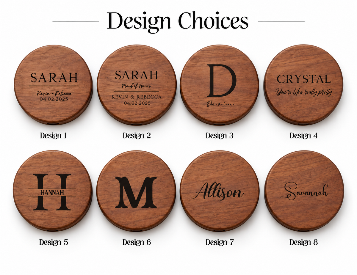 Personalized Walnut Compact Mirror, Custom UV Printed Pocket Mirror, Bridesmaid Wedding Gift, Engraved Style Wood Makeup Mirror