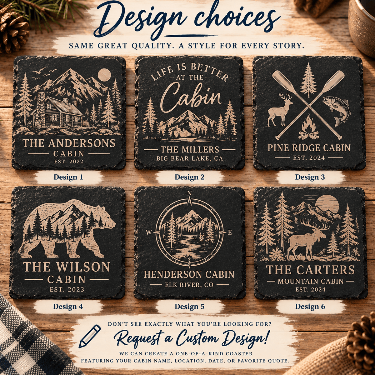 Personalized Slate Coaster Set with Wooden Holder, Custom Cabin & Lake House Coasters, Rustic Mountain Housewarming Gift Set of 6