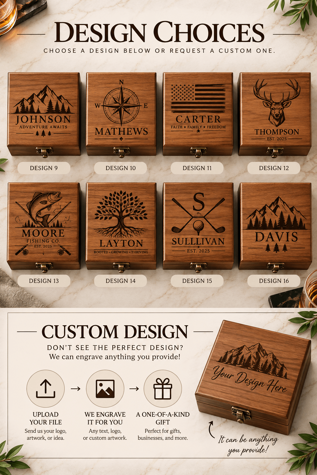 Personalized Whiskey Stones Gift Set with Custom Engraved Wooden Box – Unique Father's Day Gift for Him, Groomsman Gift, Birthday Gift