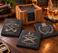 Personalized Slate Coasters with Acacia Holder – Custom Family Name Monogram Gift for Housewarming, Wedding, Christmas, Rustic Decor