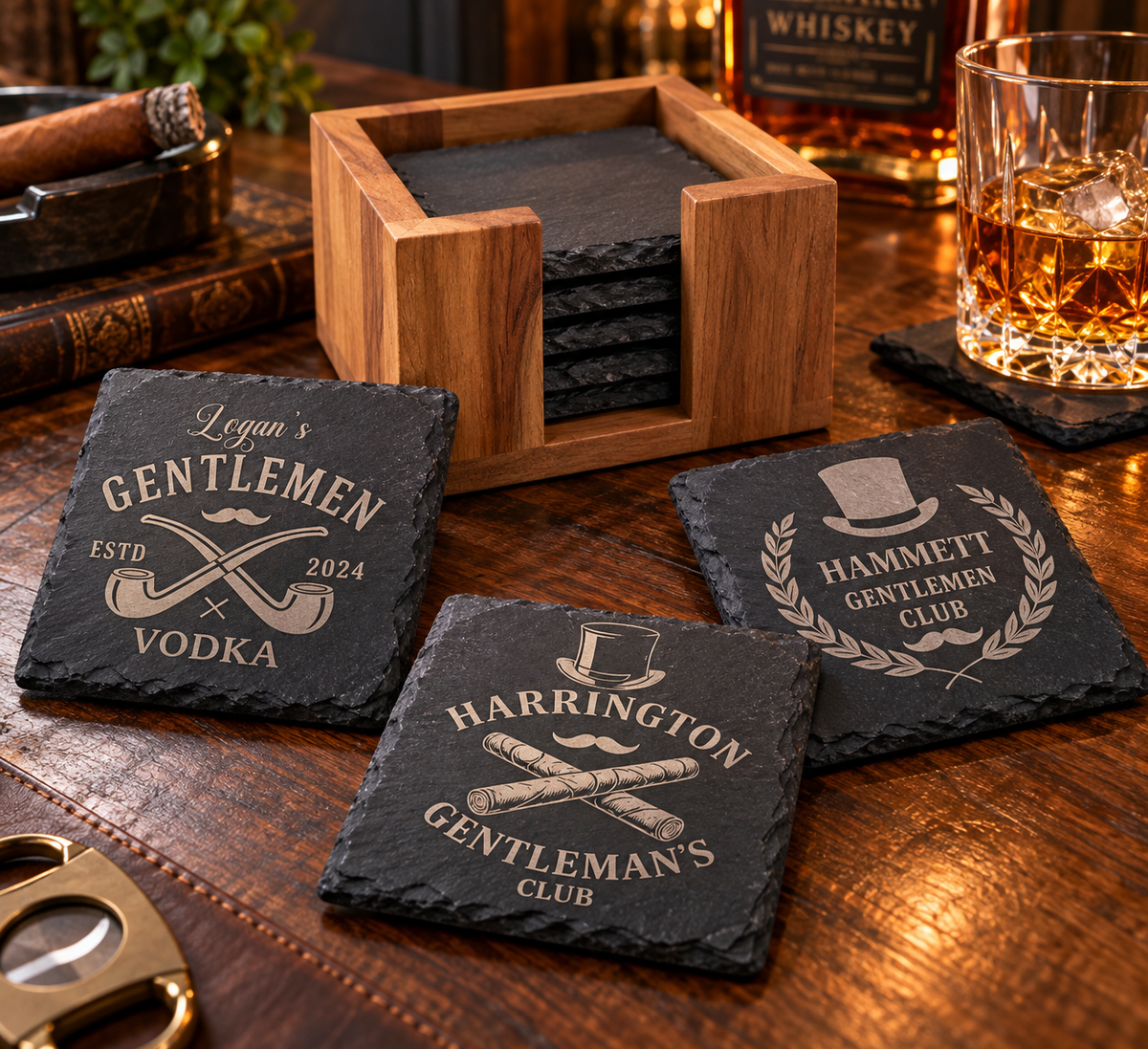 Personalized Slate Coasters with Acacia Holder – Custom Family Name Monogram Gift for Housewarming, Wedding, Christmas, Rustic Decor