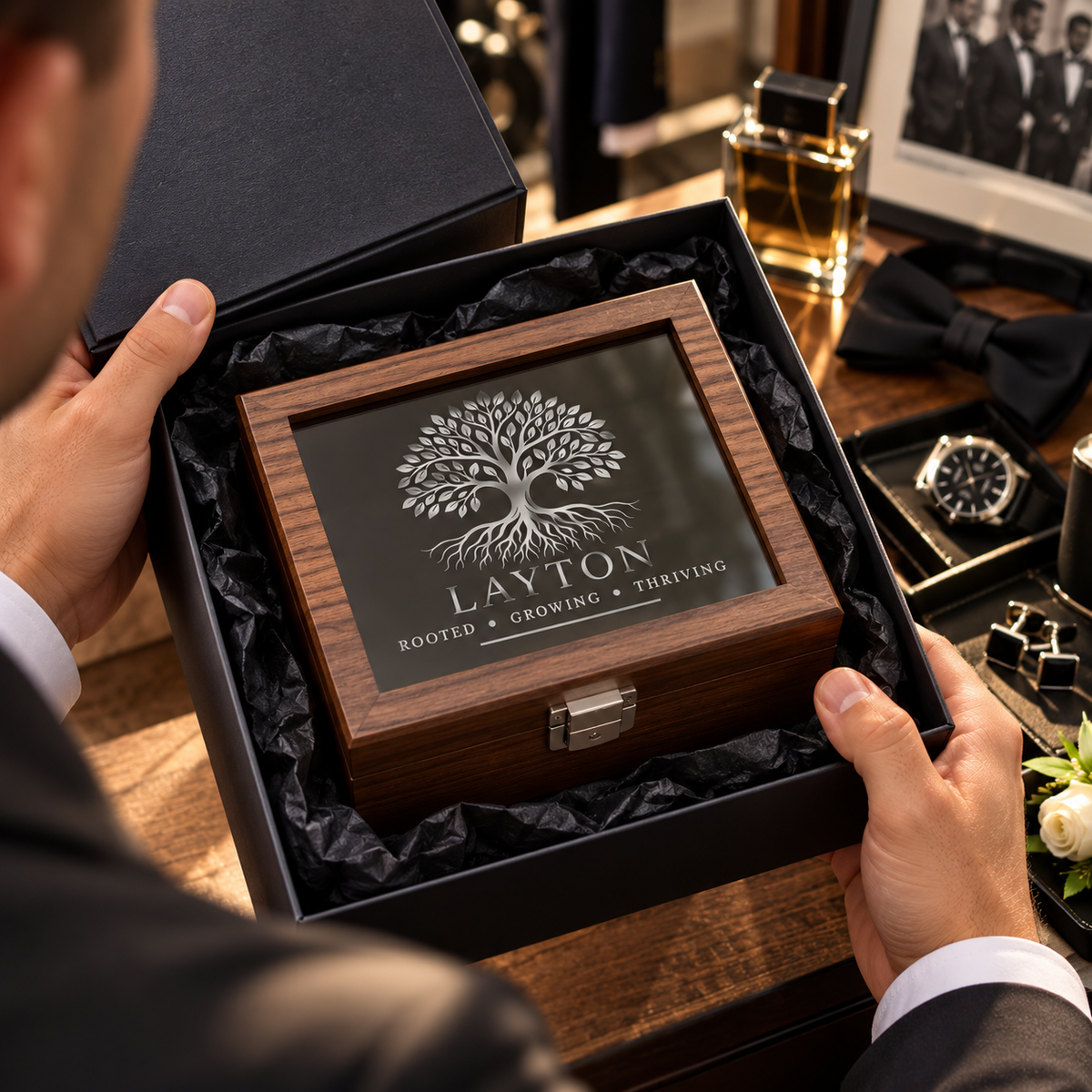 Personalized Watch Box for Men with Custom Name or Initial on Glass – Engraved 3 Slot Wood Watch Display Case for Groomsmen or Birthday Gift