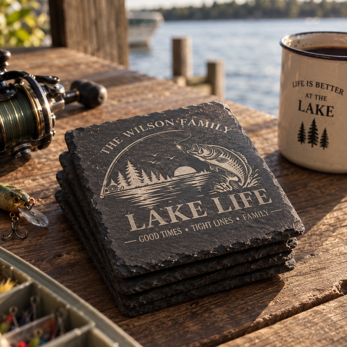 Personalized Lake House Slate Coasters, Custom Lake Cabin Coaster Set, Engraved Fishing Gift, Lakehouse Decor, Housewarming Gift