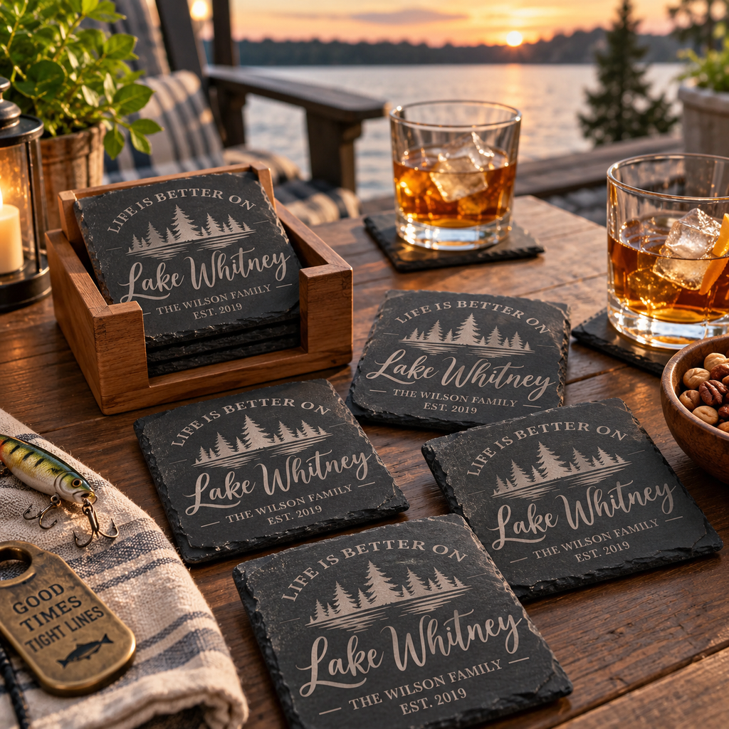 Personalized Lake House Slate Coasters, Custom Lake Cabin Coaster Set, Engraved Fishing Gift, Lakehouse Decor, Housewarming Gift
