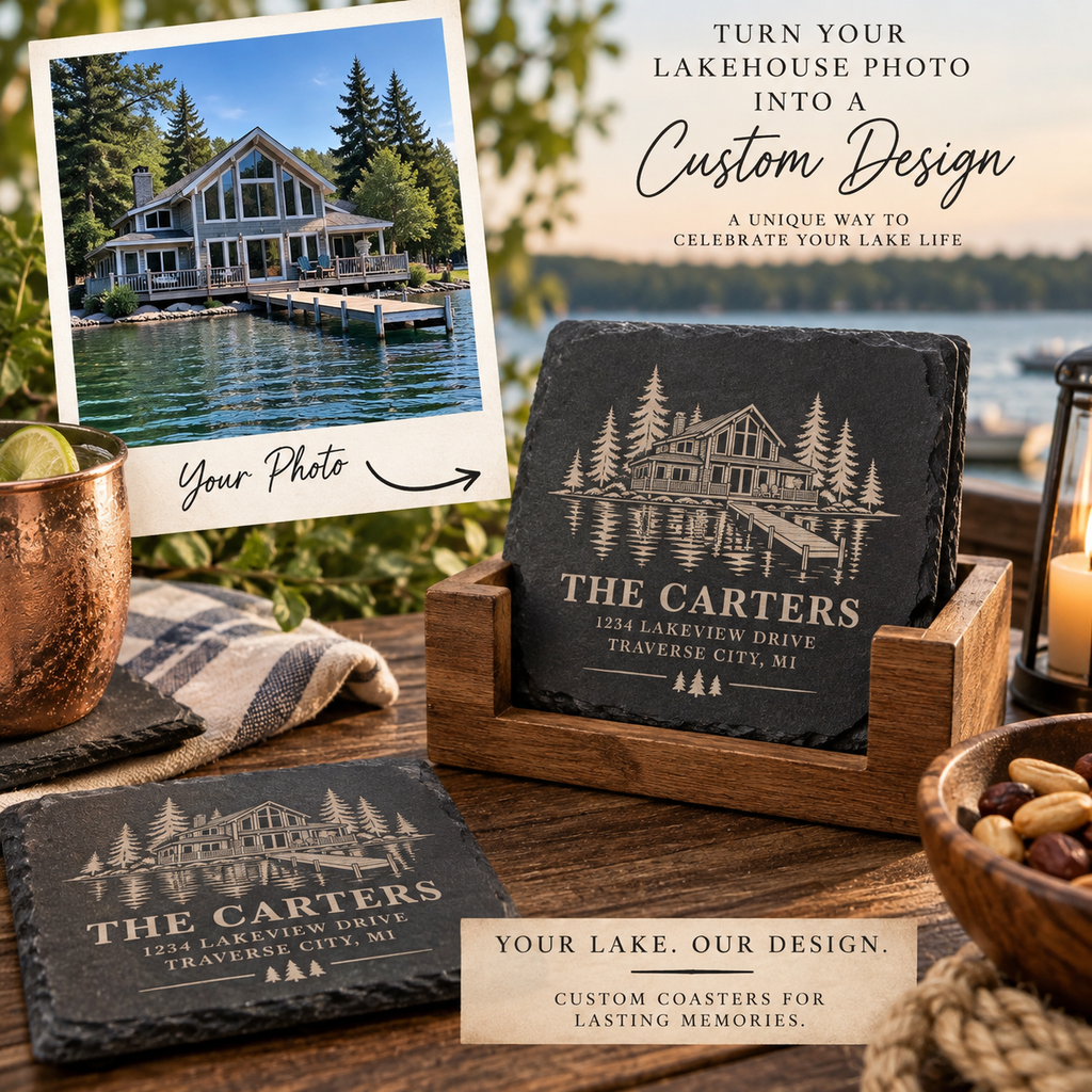 Personalized Lake House Slate Coasters, Custom Lake Cabin Coaster Set, Engraved Fishing Gift, Lakehouse Decor, Housewarming Gift