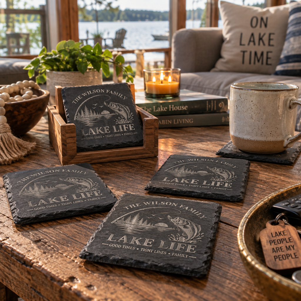 Personalized Lake House Slate Coasters, Custom Lake Cabin Coaster Set, Engraved Fishing Gift, Lakehouse Decor, Housewarming Gift