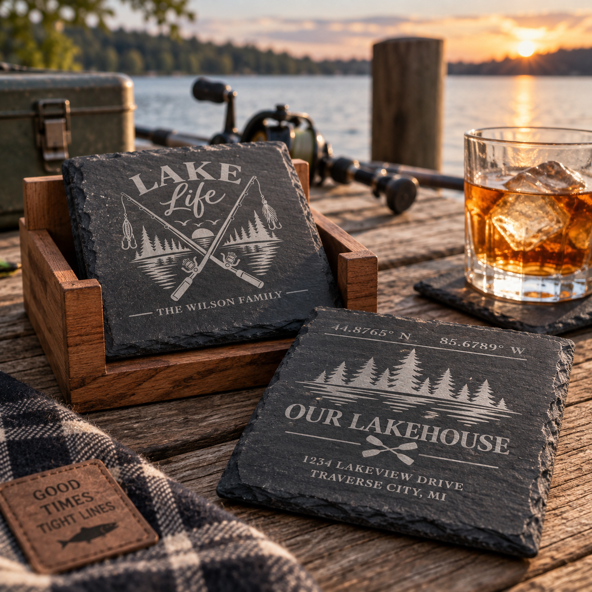 Personalized Lake House Slate Coasters, Custom Lake Cabin Coaster Set, Engraved Fishing Gift, Lakehouse Decor, Housewarming Gift