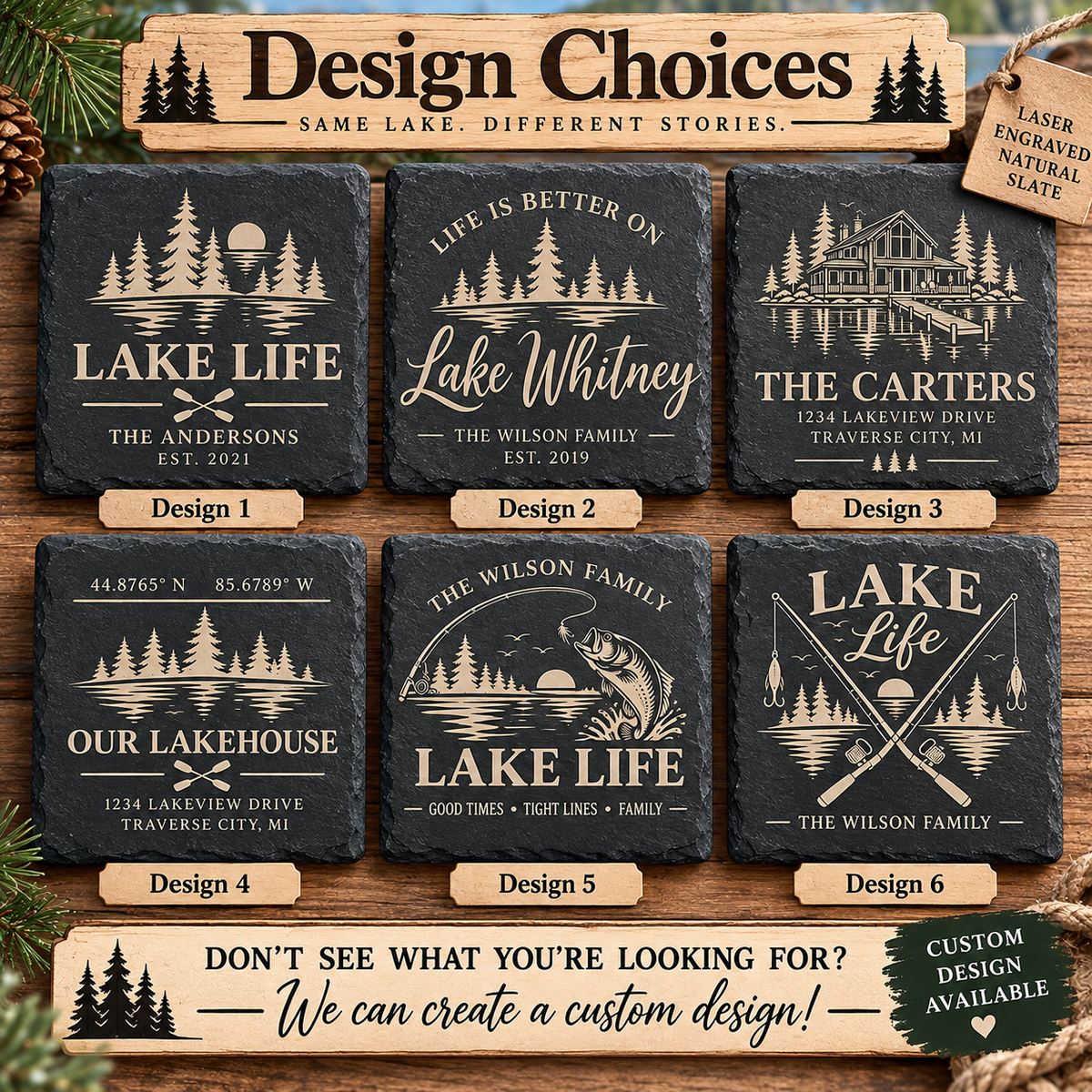 Personalized Lake House Slate Coasters, Custom Lake Cabin Coaster Set, Engraved Fishing Gift, Lakehouse Decor, Housewarming Gift