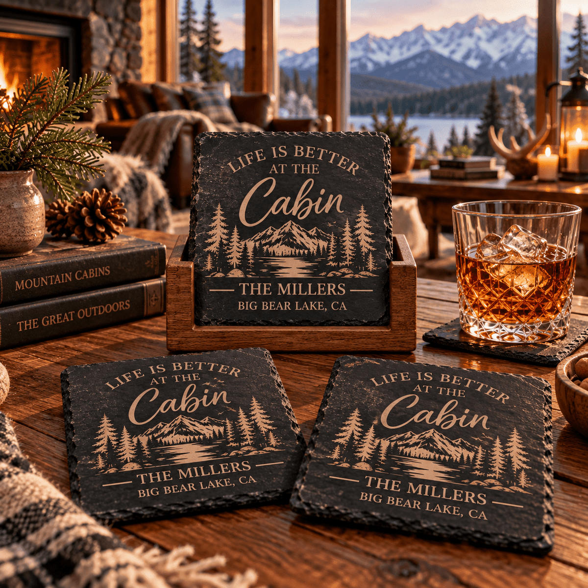 Personalized Slate Coaster Set with Wooden Holder, Custom Cabin & Lake House Coasters, Rustic Mountain Housewarming Gift Set of 6