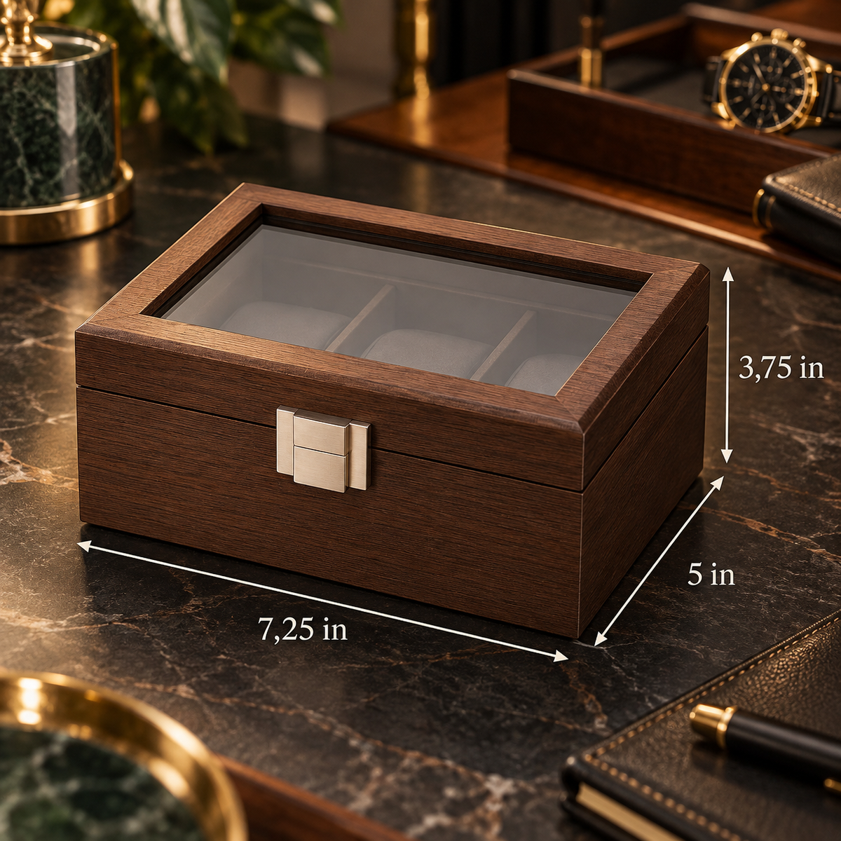 Personalized Watch Box for Men with Custom Name or Initial on Glass – Engraved 3 Slot Wood Watch Display Case for Groomsmen or Birthday Gift