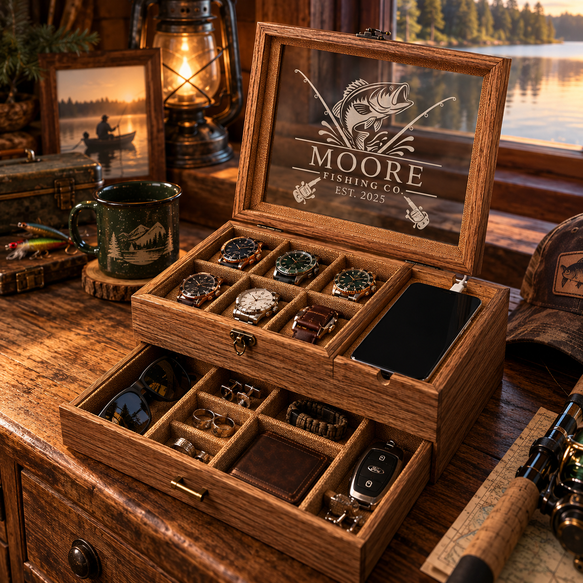 Personalized Watch Box & Valet Organizer with Phone Charging Station, Engraved Jewelry Storage Case, Custom Gift for Men & Women