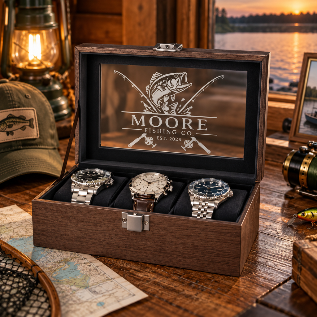 Personalized Watch Box for Men with Custom Name or Initial on Glass – Engraved 3 Slot Wood Watch Display Case for Groomsmen or Birthday Gift