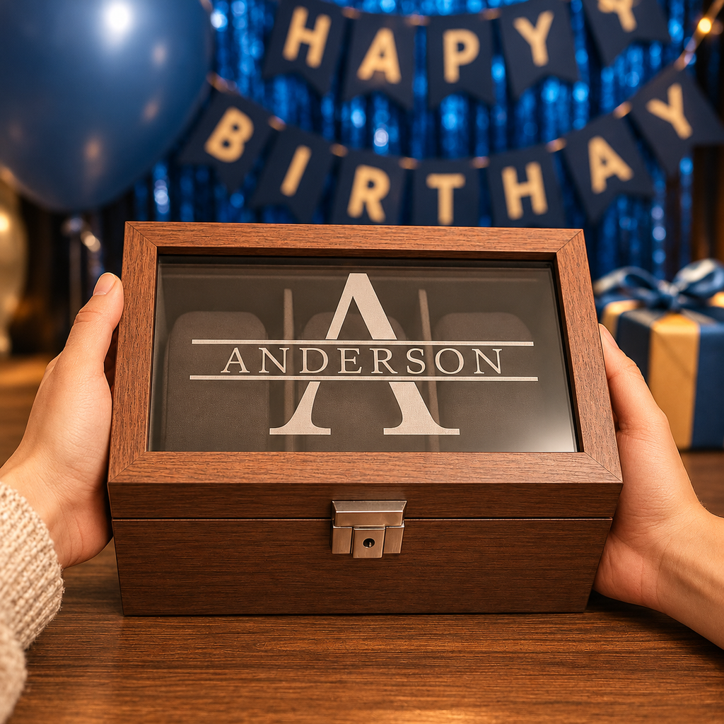 Personalized Watch Box for Men with Custom Name or Initial on Glass – Engraved 3 Slot Wood Watch Display Case for Groomsmen or Birthday Gift