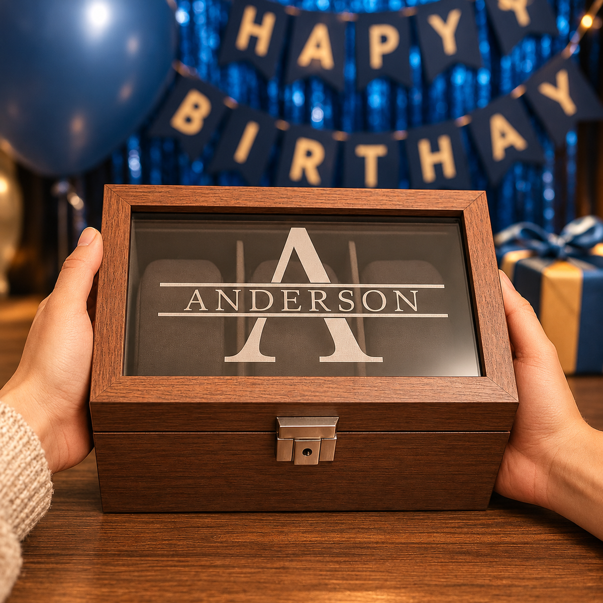 Personalized Watch Box for Men with Custom Name or Initial on Glass – Engraved 3 Slot Wood Watch Display Case for Groomsmen or Birthday Gift