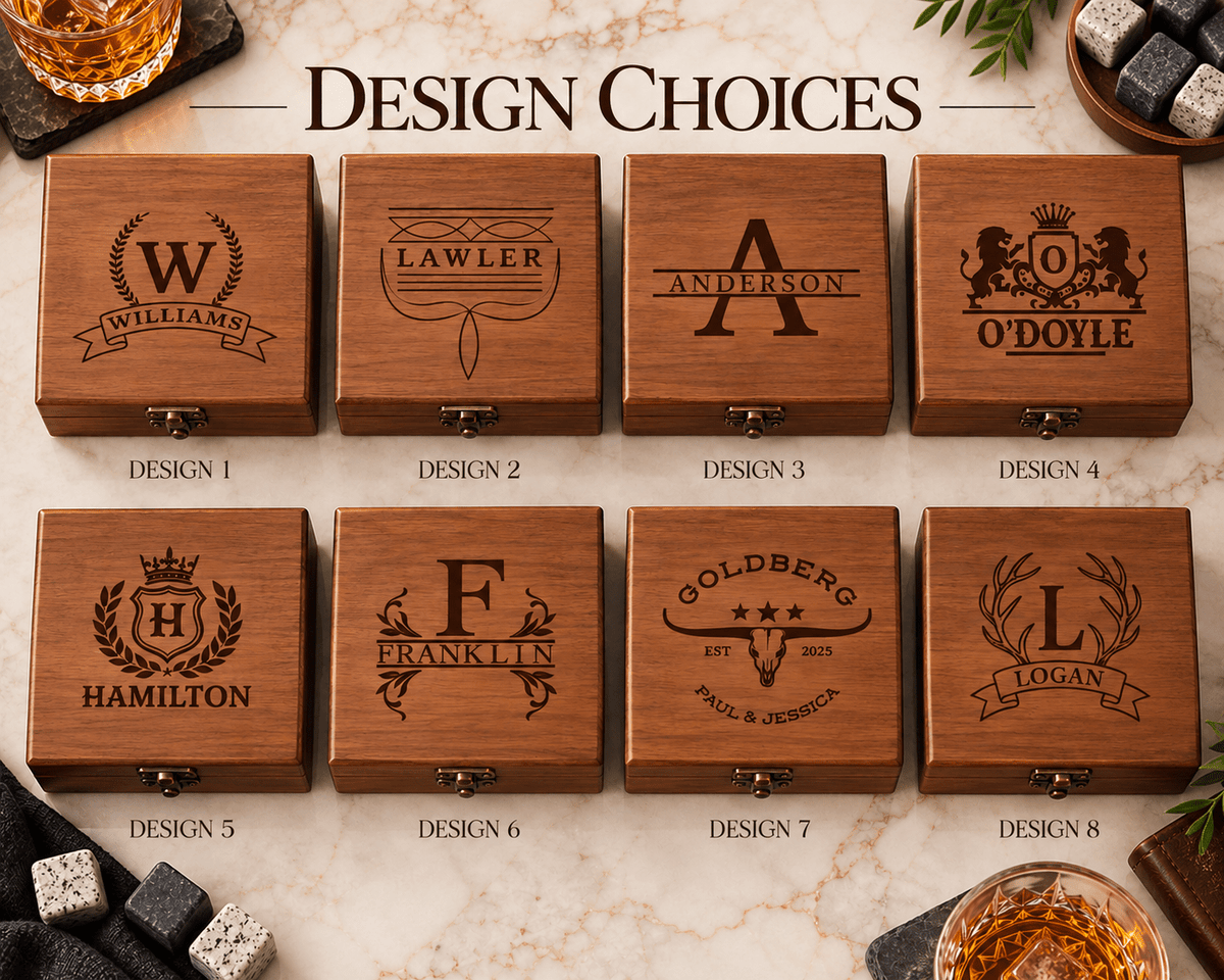 Personalized Whiskey Stones Gift Set with Custom Engraved Wooden Box – Unique Father's Day Gift for Him, Groomsman Gift, Birthday Gift